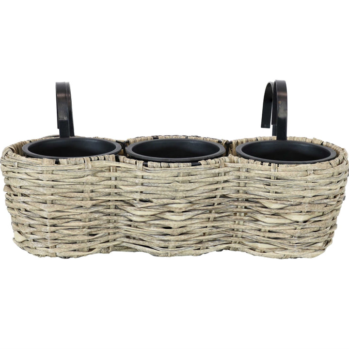 Sunnydaze Polyrattan Hanging Over-the-Rail Tri-Planter and Liner - Frost Image 8