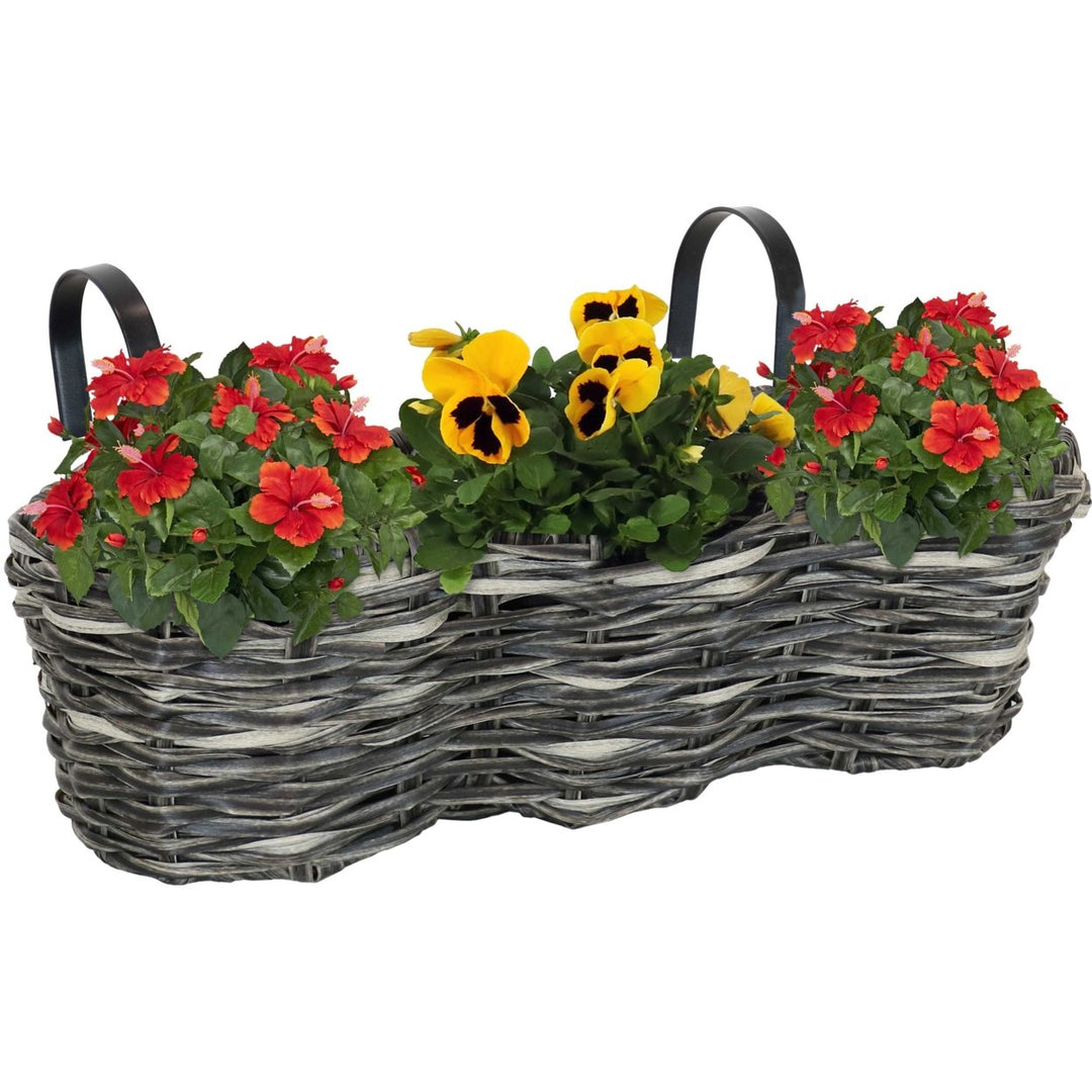 Sunnydaze Polyrattan Hanging Over-the-Rail Tri-Planter and Liner - Charcoal Image 6