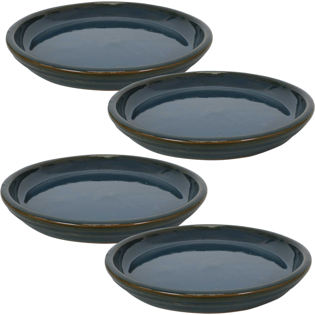 Sunnydaze 12 in Ceramic Flower Pot/Plant Saucer - Dark Green - Set of 4 Image 1