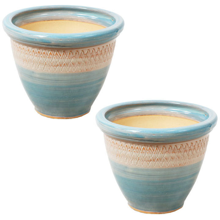 Sunnydaze Purlieu Ceramic Planter - 12" - Shoreline - Set of 2 Image 1