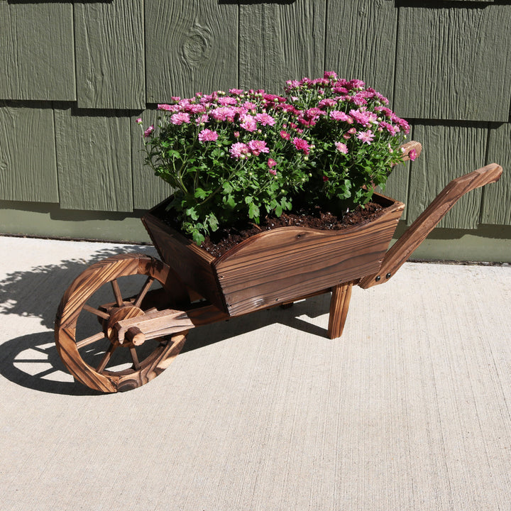 Sunnydaze Natural Wooden Fir Decorative Wheelbarrow Garden Planter Image 4