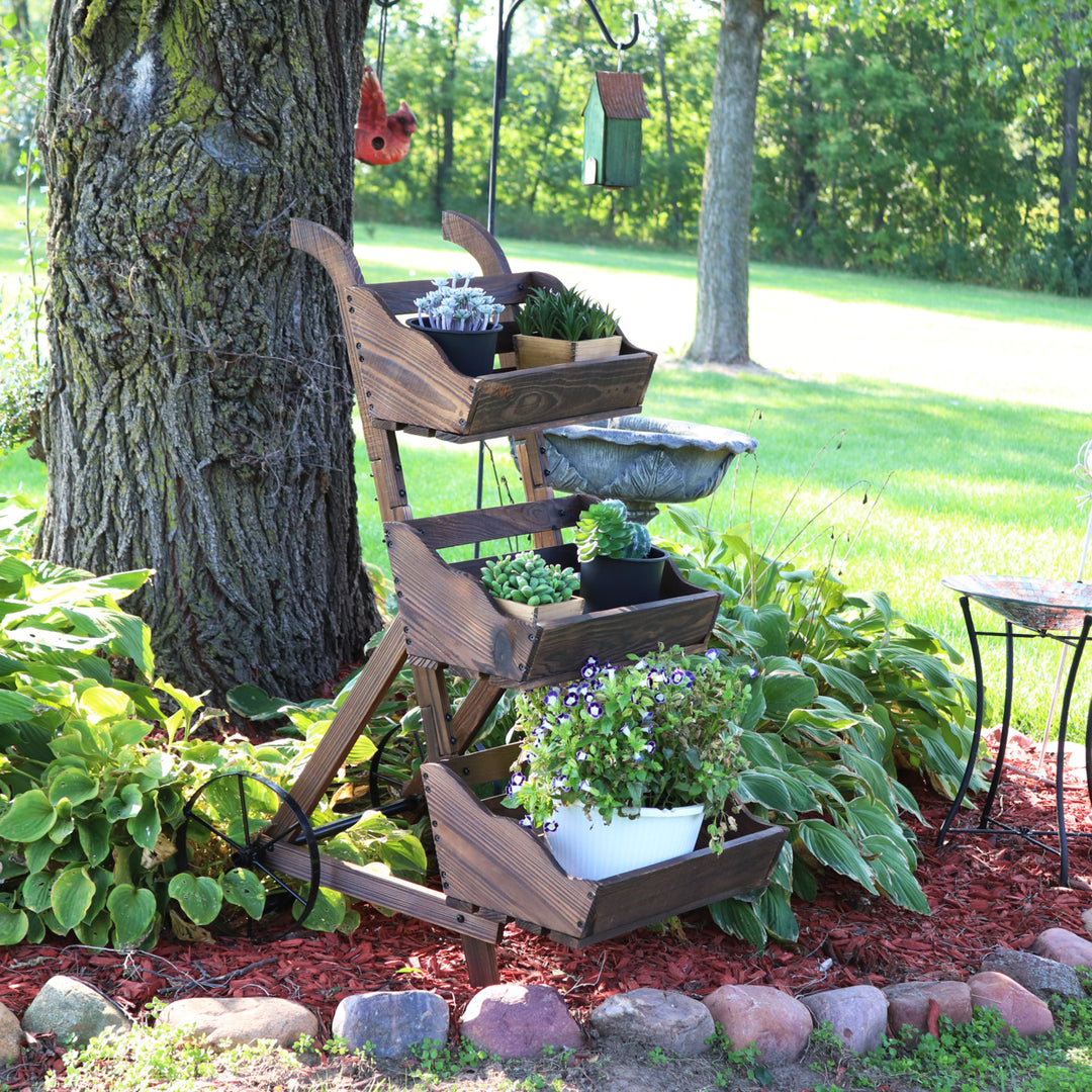 Sunnydaze 39.25 in 3-Tier Wood Rolling Planter Box with Iron Wheels - Brown Image 4