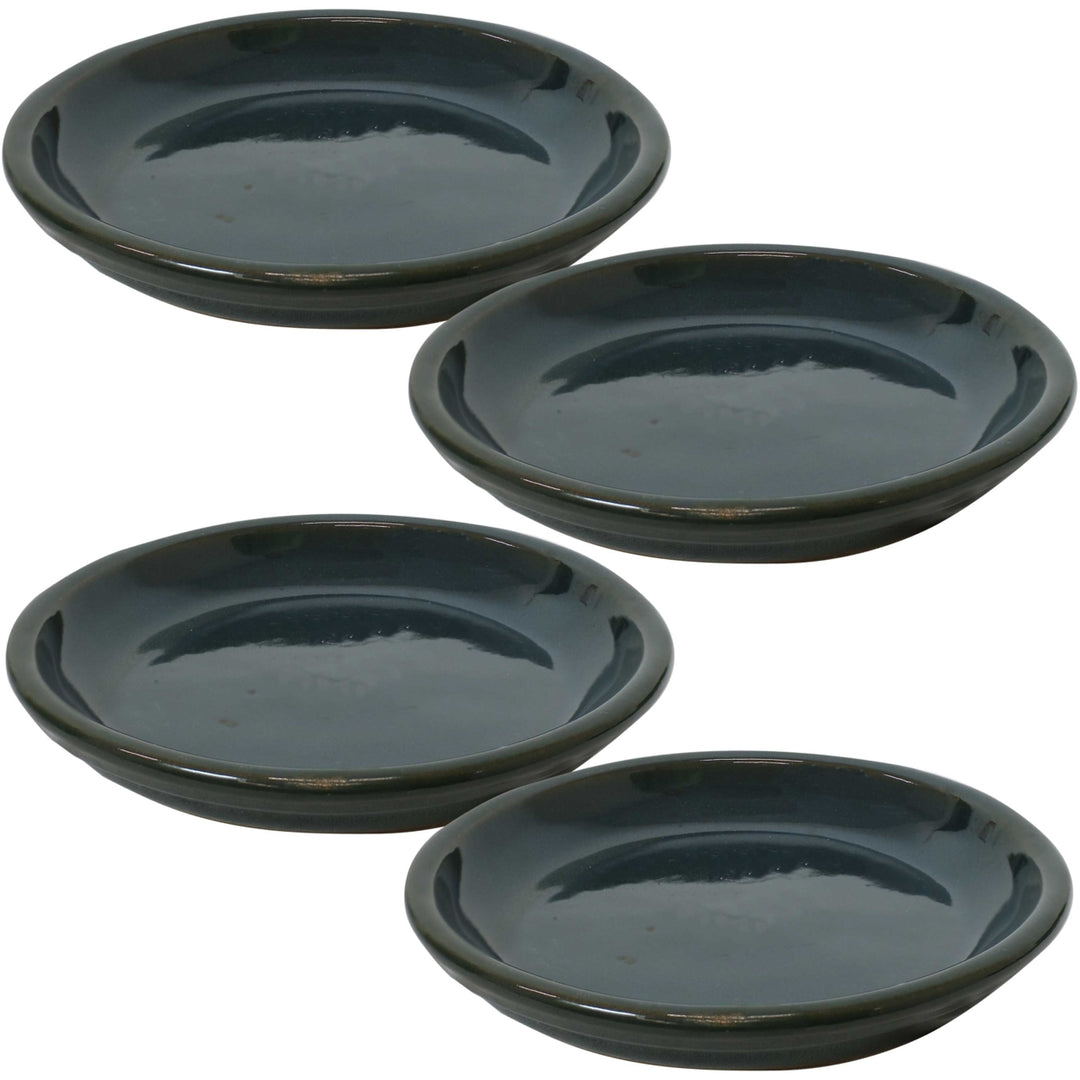 Sunnydaze 7 in Ceramic Flower Pot/Plant Saucer - Dark Green - Set of 4 Image 1