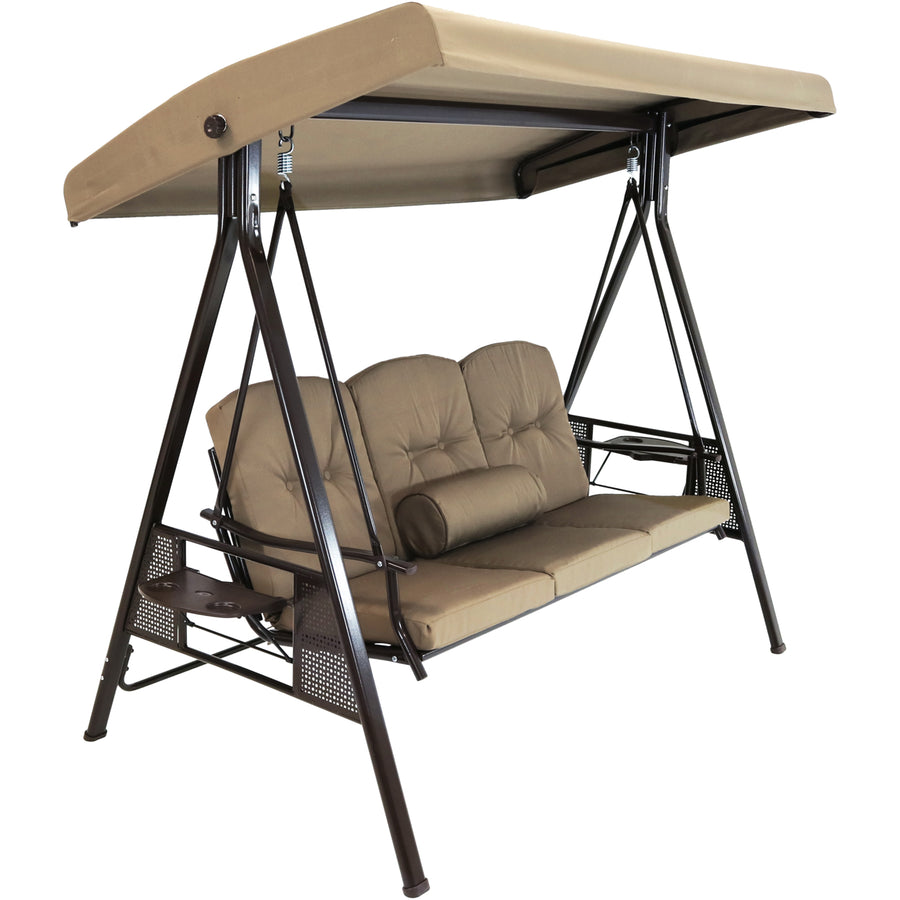 Sunnydaze 3-Person Steel Patio Swing Bench with Side Tables/Canopy - Beige Image 1