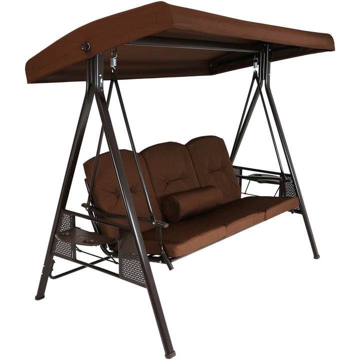 Sunnydaze 3-Person Steel Patio Swing Bench with Side Tables/Canopy - Brown Image 1