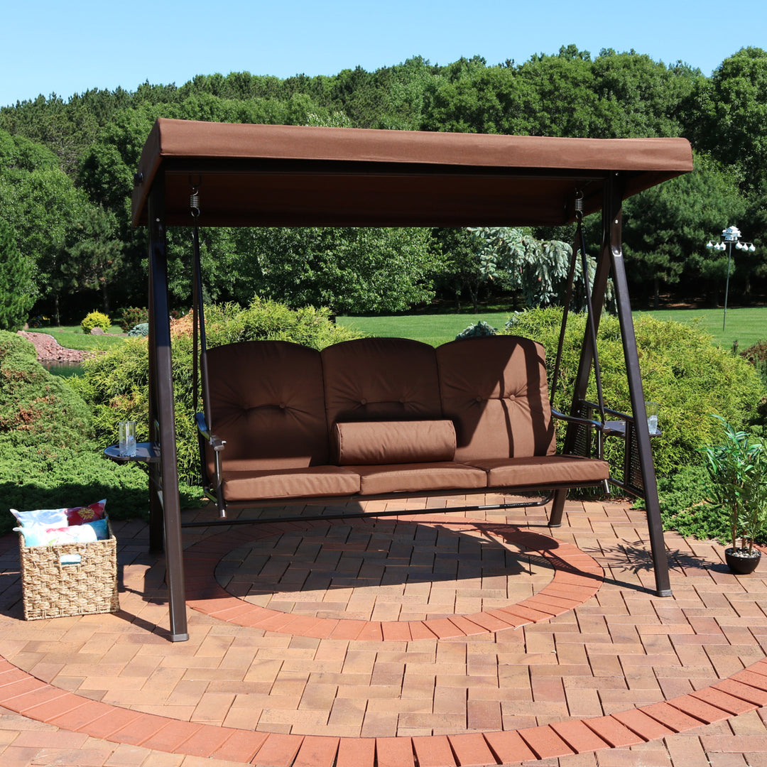 Sunnydaze 3-Person Steel Patio Swing Bench with Side Tables/Canopy - Brown Image 4