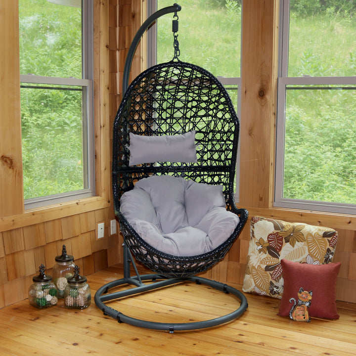 Sunnydaze Resin Wicker Basket Egg Chair with Steel Stand/Cushions - Gray Image 5