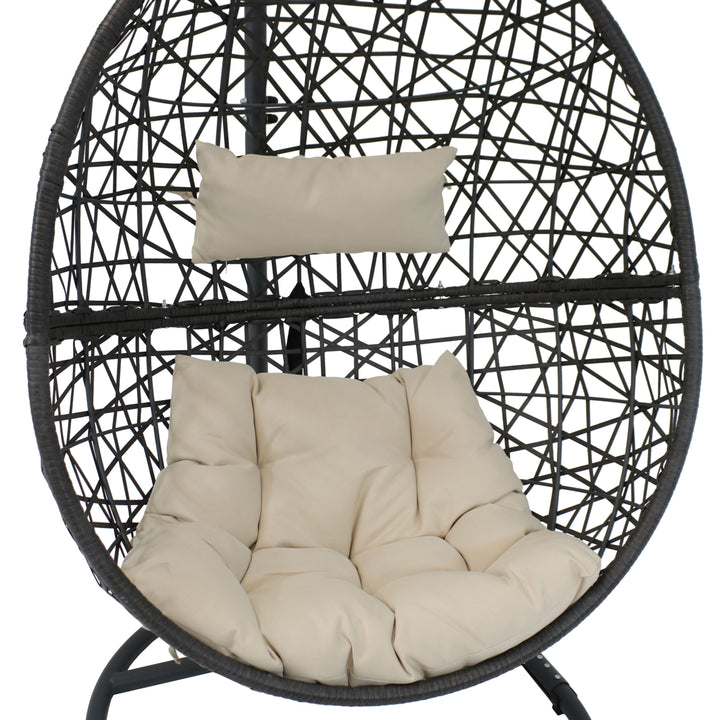 Sunnydaze Resin Wicker Hanging Egg Chair with Steel Stand/Cushions - Beige Image 8