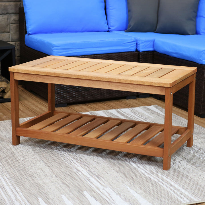 Sunnydaze 35.25 in Meranti Wood Rectangular Patio Coffee Table with Shelf Image 4