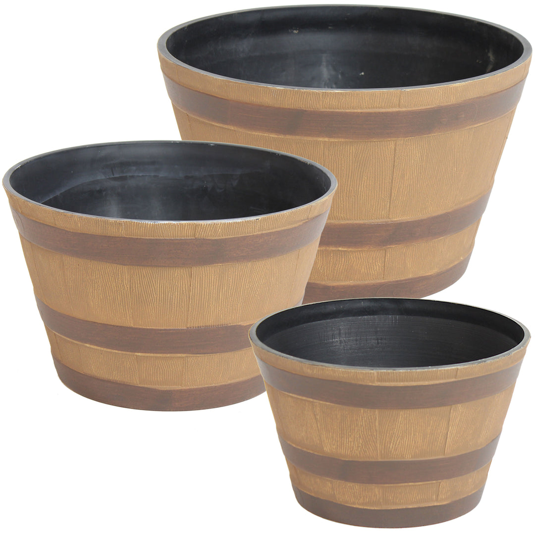 Sunnydaze Resin Rustic Cask Outdoor Planter 13 in, 15 in, 17 in - Set of 3 Image 1