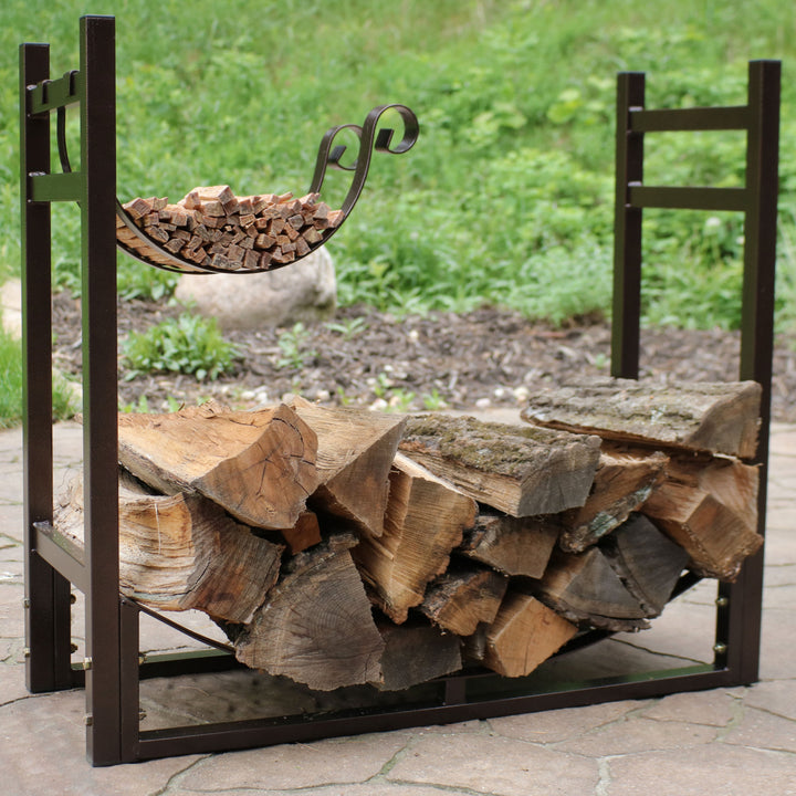 Sunnydaze 33 in Steel Firewood Log Rack with Kindling Holder - Bronze Image 3