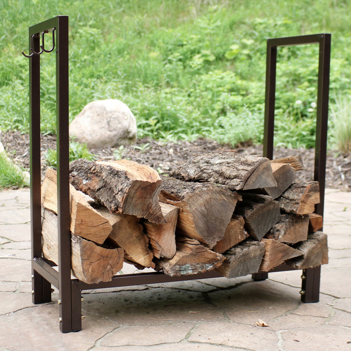 Sunnydaze 30 in Steel Firewood Log Rack with Fireplace Tool Hooks - Bronze Image 3