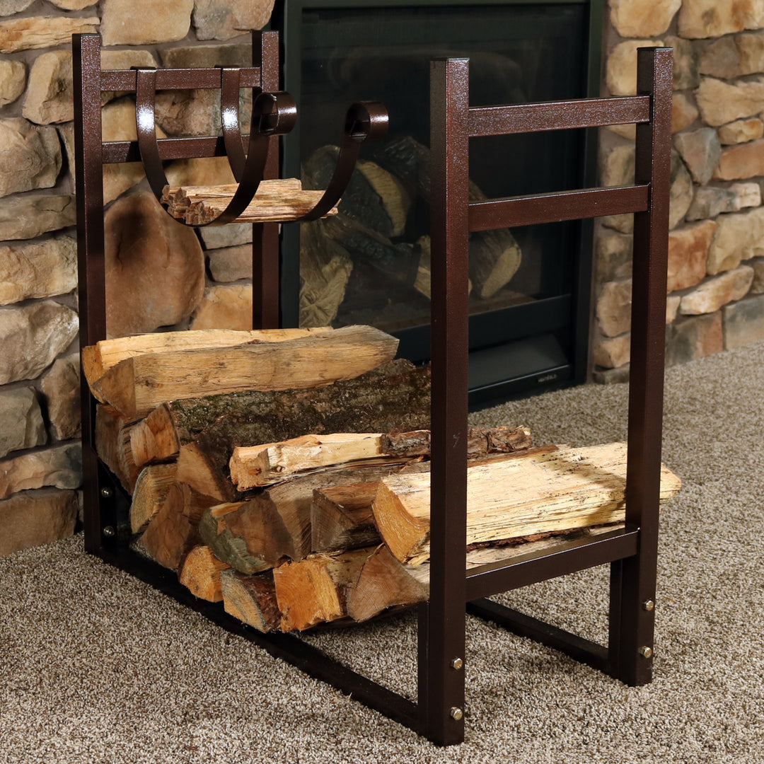 Sunnydaze 33 in Steel Firewood Log Rack with Kindling Holder - Bronze Image 4