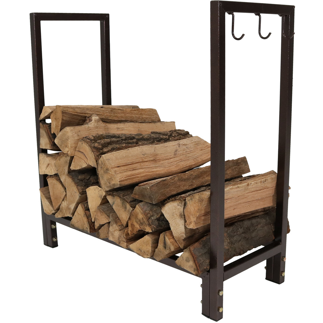 Sunnydaze 30 in Steel Firewood Log Rack with Fireplace Tool Hooks - Bronze Image 5