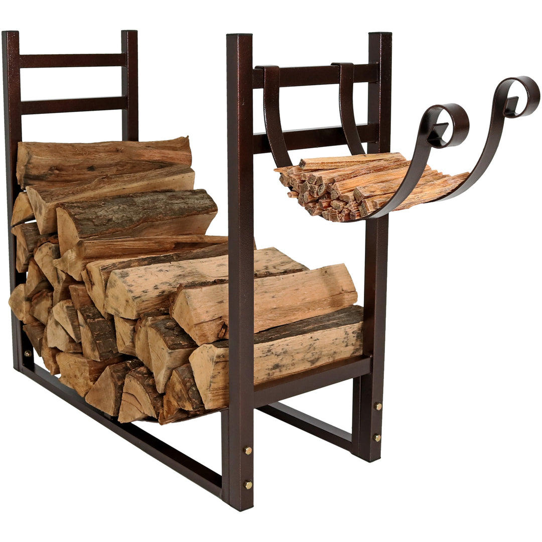 Sunnydaze 33 in Steel Firewood Log Rack with Kindling Holder - Bronze Image 8