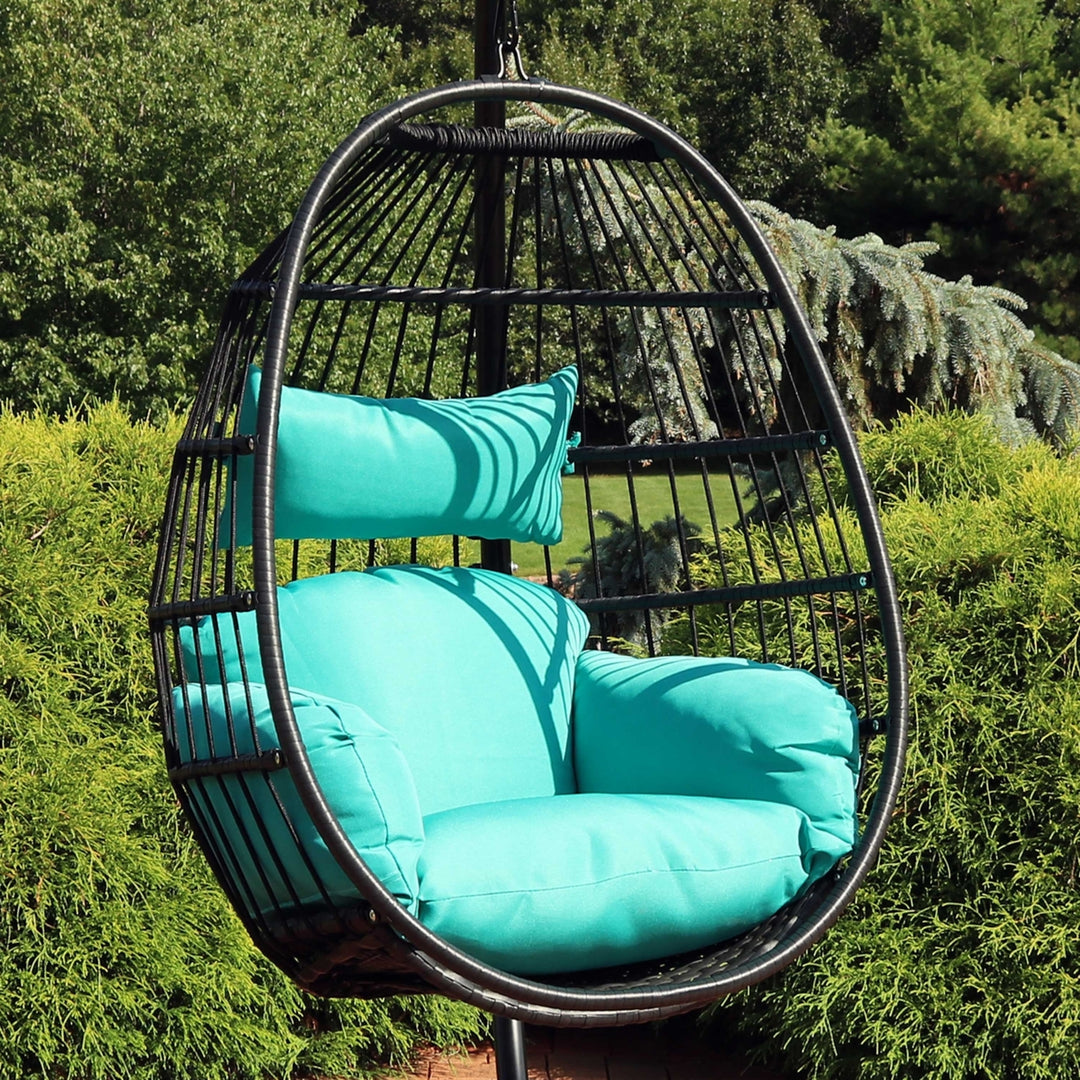 Sunnydaze Black Resin Wicker Hanging Egg Chair with Cushions - Blue Image 4