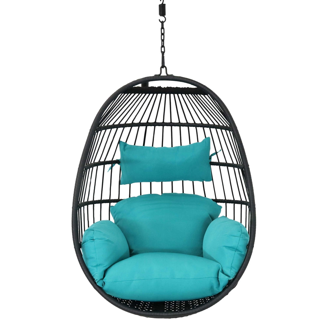 Sunnydaze Black Resin Wicker Hanging Egg Chair with Cushions - Blue Image 7