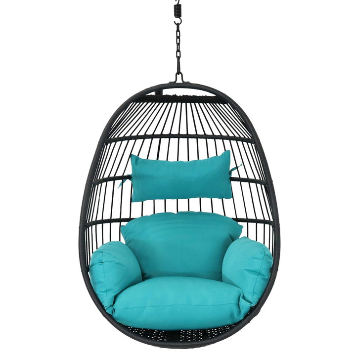 Sunnydaze Black Resin Wicker Hanging Egg Chair with Cushions - Blue Image 9