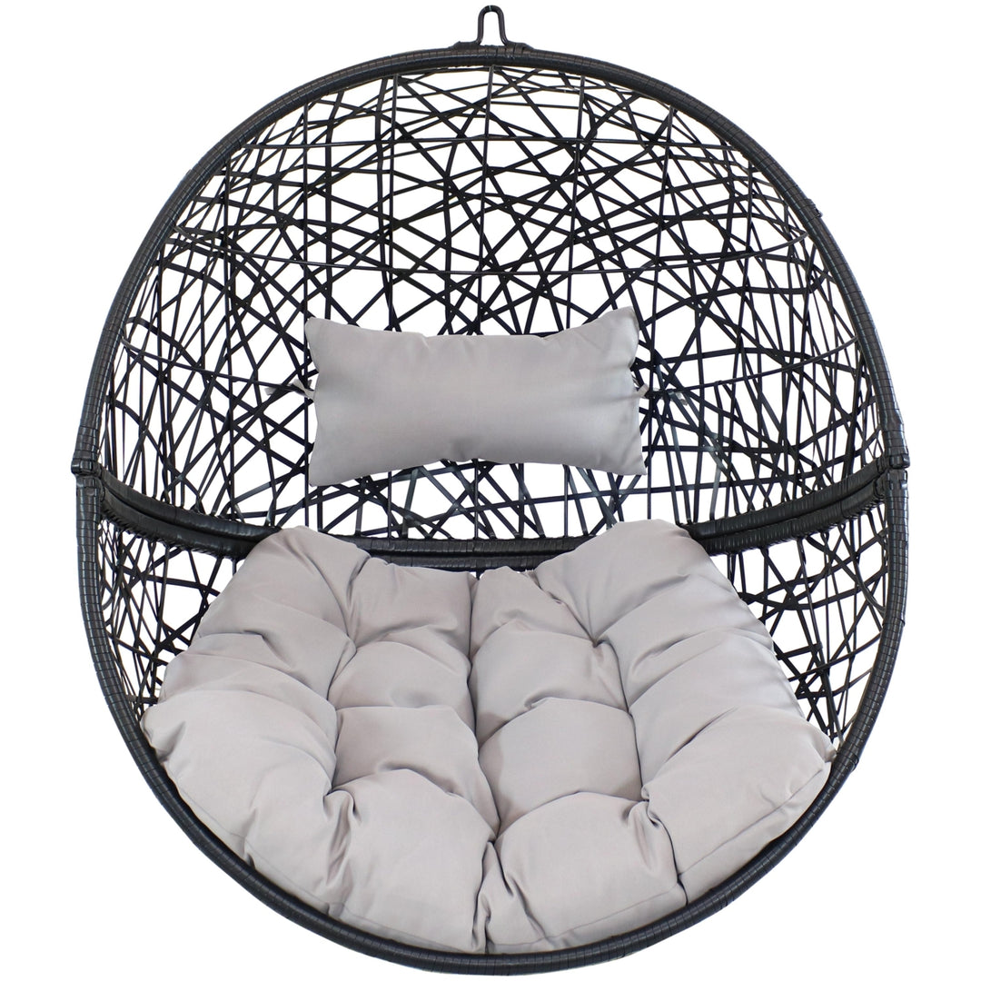 Sunnydaze Black Resin Wicker Round Hanging Egg Chair with Cushions - Gray Image 8