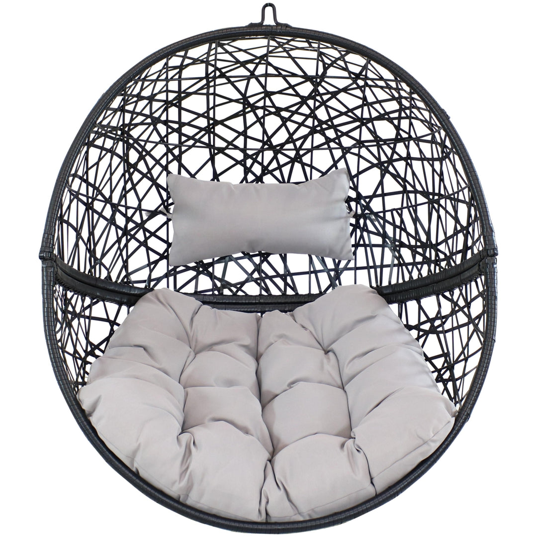 Sunnydaze Black Resin Wicker Round Hanging Egg Chair with Cushions - Gray Image 10