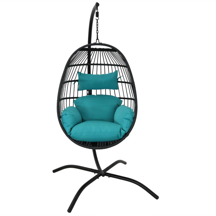 Sunnydaze Resin Wicker Hanging Egg Chair with Steel Stand/Cushion - Teal Image 8