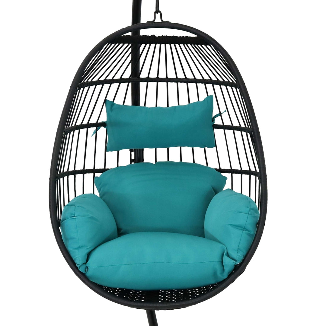 Sunnydaze Resin Wicker Hanging Egg Chair with Steel Stand/Cushion - Teal Image 10