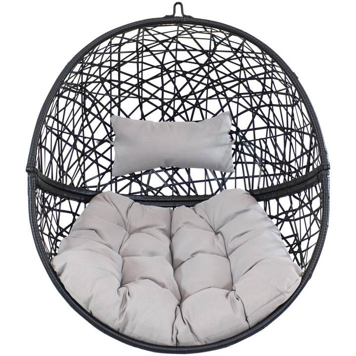 Sunnydaze Resin Wicker Hanging Egg Chair with Steel Stand/Cushion - Gray Image 9