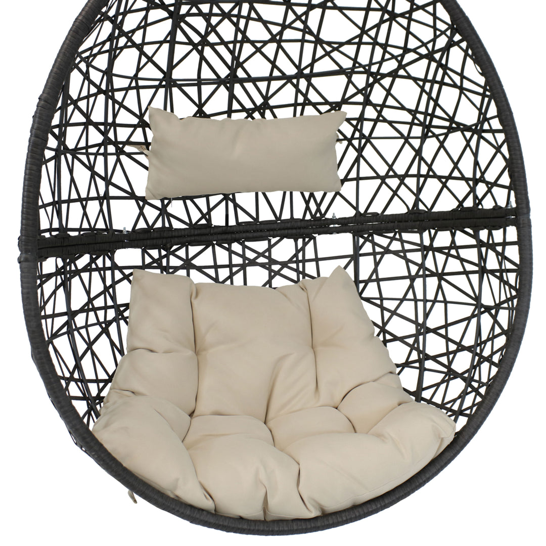 Sunnydaze Black Resin Wicker Hanging Egg Chair with Cushions - Beige Image 6