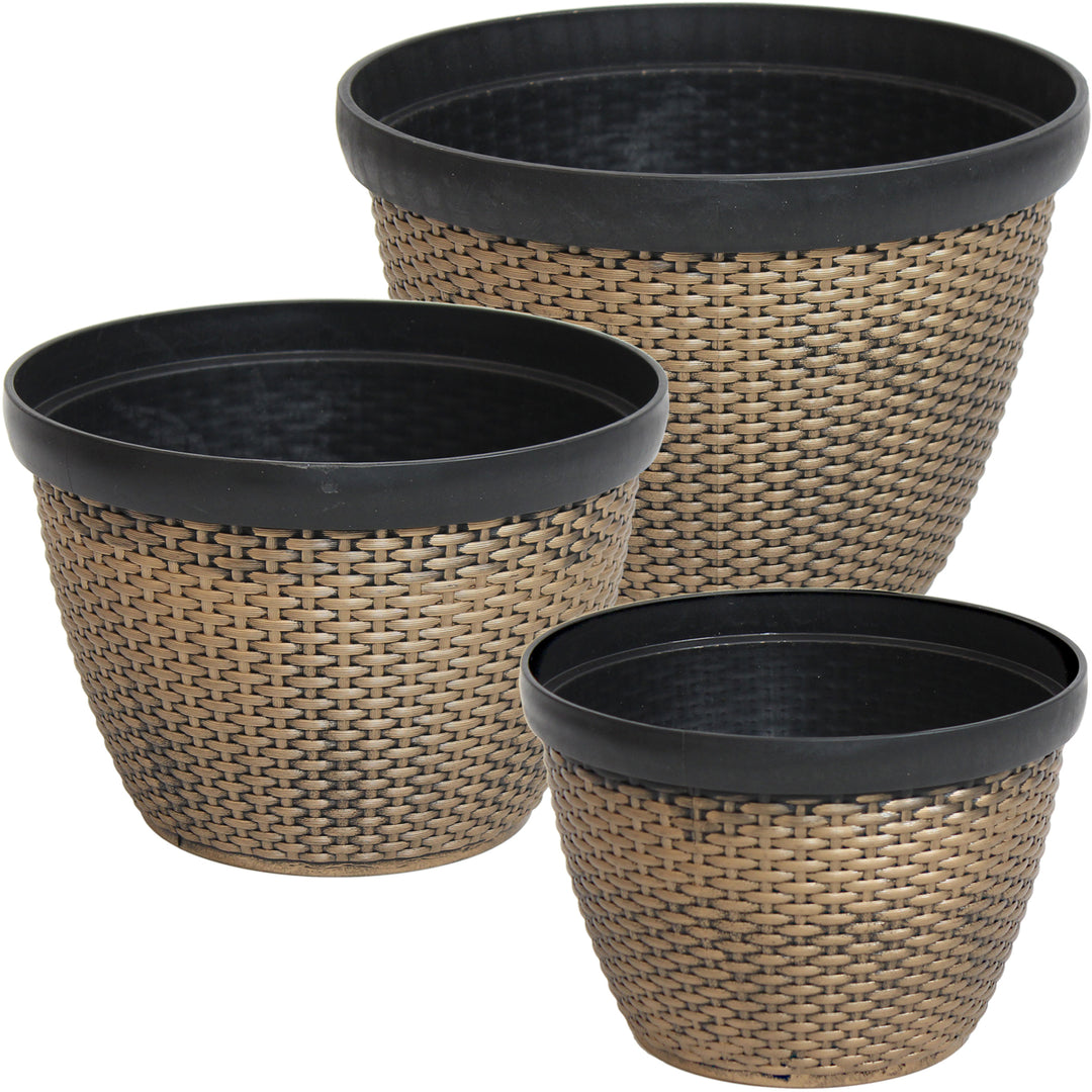 Sunnydaze Resin Basketweave Outdoor Planter 12 in, 13 in, 15 in - Set of 3 Image 1