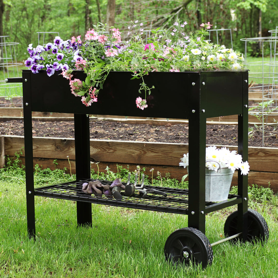 Sunnydaze 43 in Galvanized Steel Mobile Raised Garden Bed Cart - Black Image 4