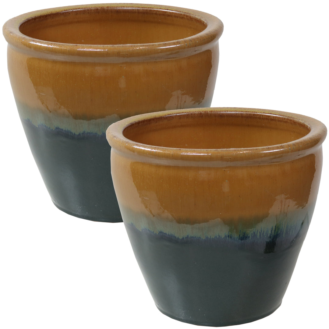 Sunnydaze 12 in Chalet Glaze Ceramic Planter - Forest Lake Green - Set of 2 Image 1