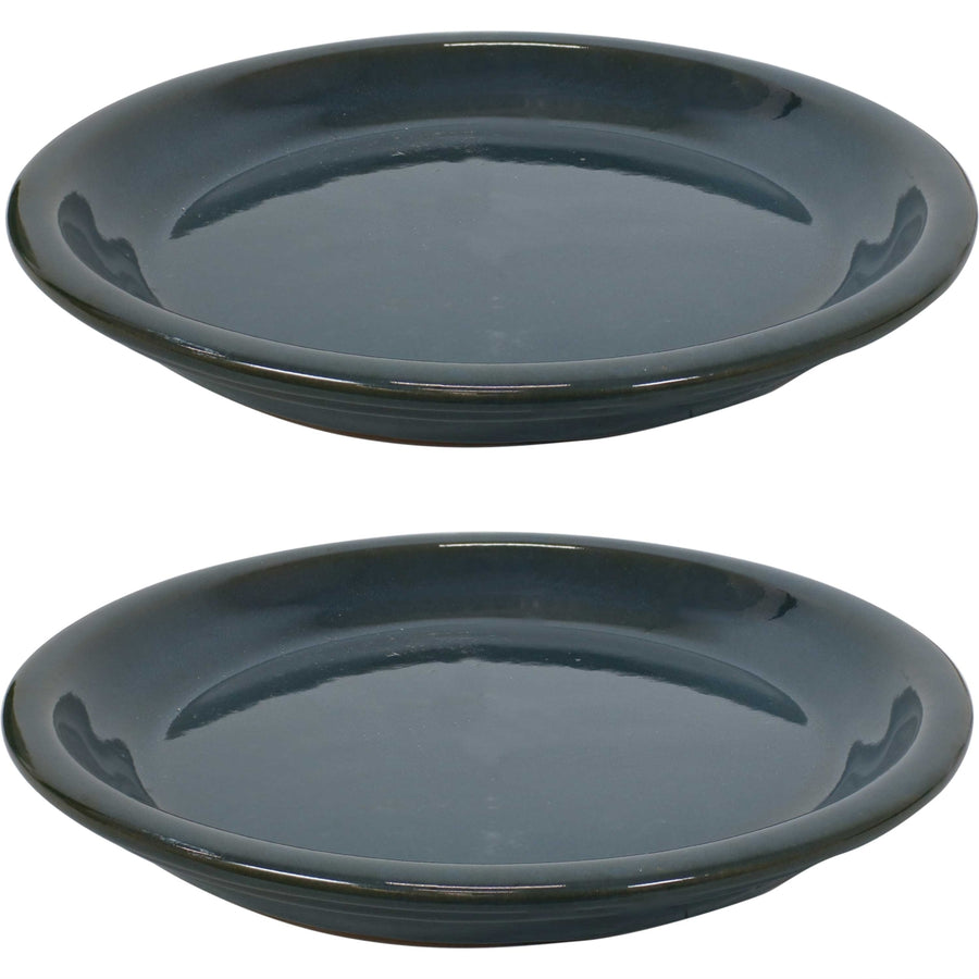 Sunnydaze 9 in Ceramic Flower Pot/Plant Saucer - Dark Green - Set of 2 Image 1