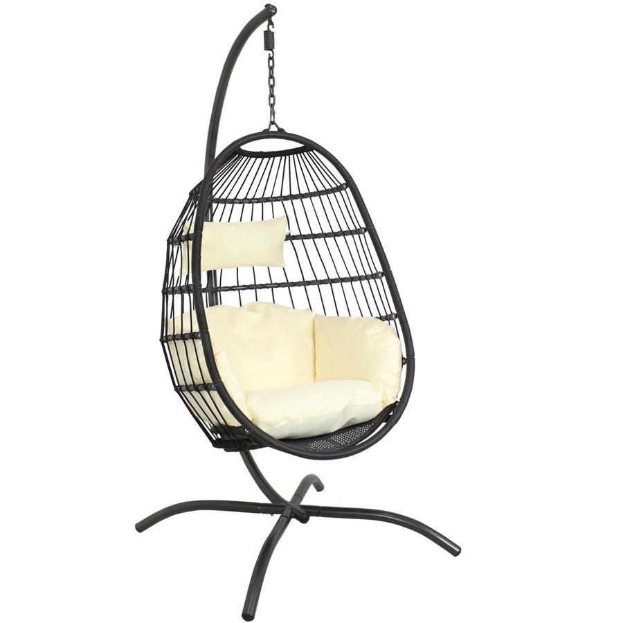 Sunnydaze Resin Wicker Hanging Egg Chair with Steel Stand/Cushions - Cream Image 1