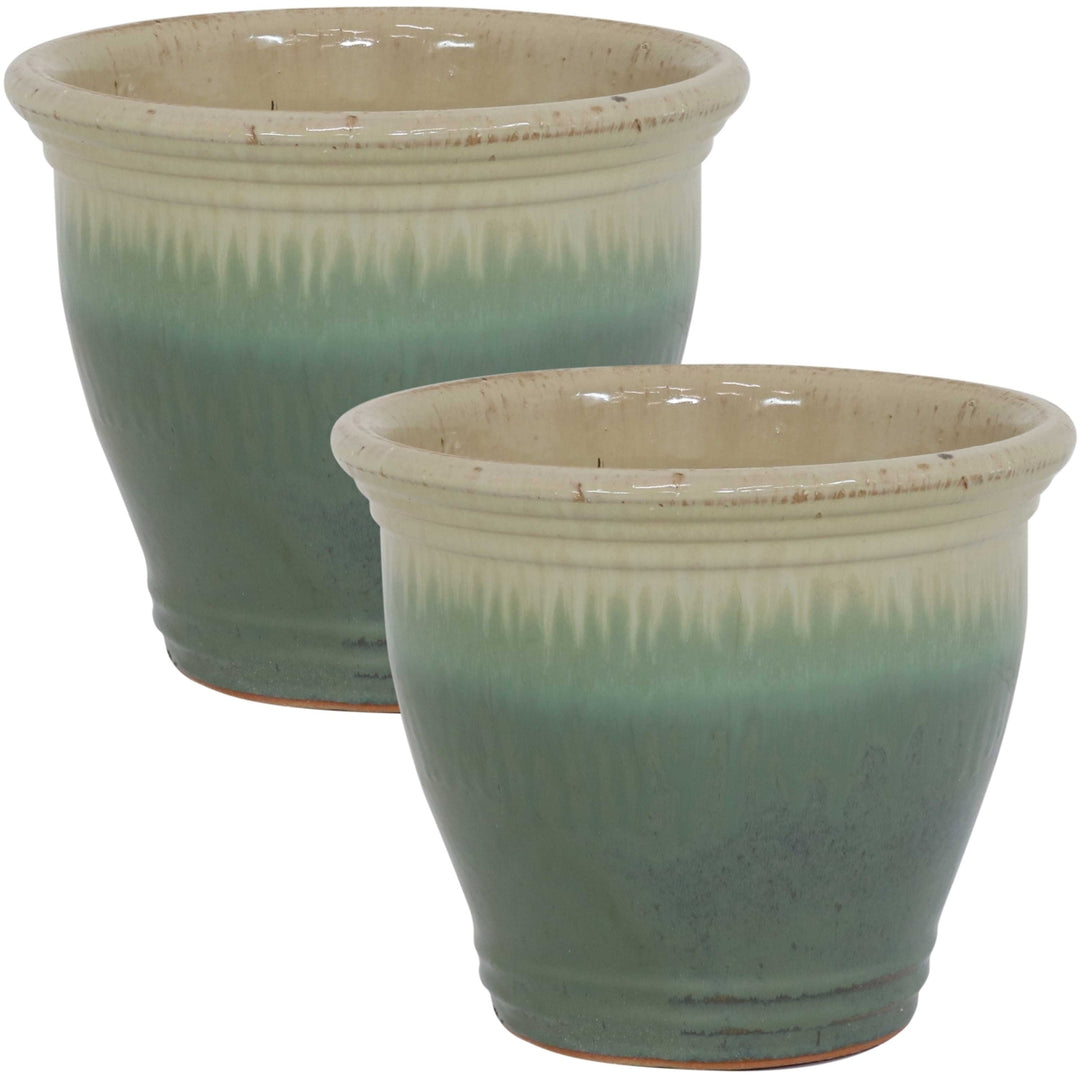 Sunnydaze 11 in Studio Glazed Ceramic Planter - Seafoam - Set of 2 Image 1