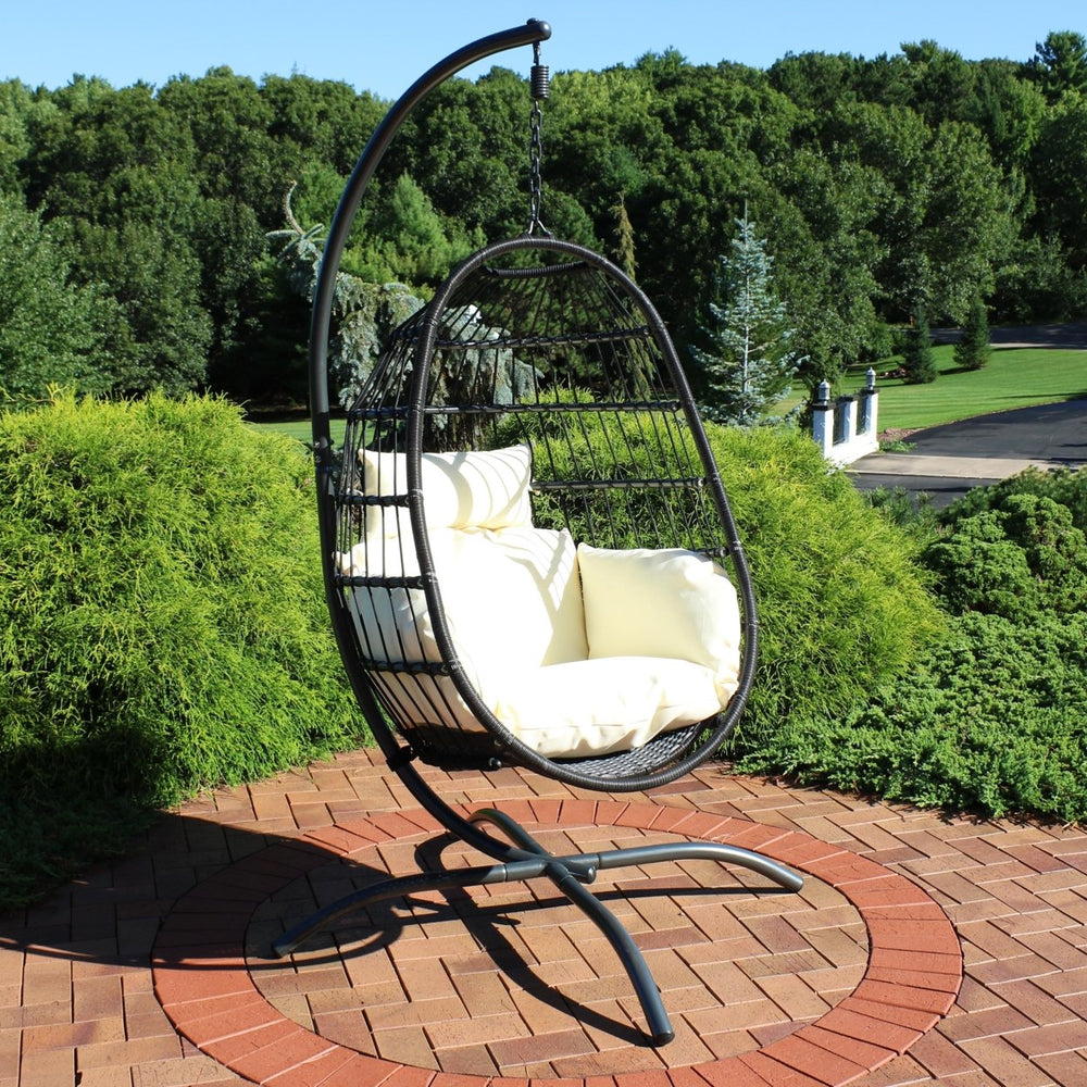 Sunnydaze Resin Wicker Hanging Egg Chair with Steel Stand/Cushions - Cream Image 2