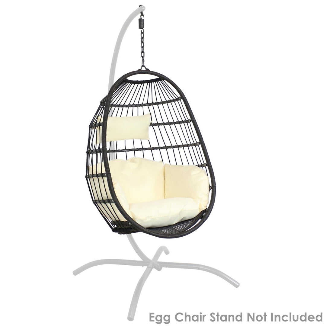 Sunnydaze Black Resin Wicker Hanging Egg Chair with Cushions - Cream Image 5