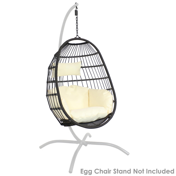 Sunnydaze Black Resin Wicker Hanging Egg Chair with Cushions - Cream Image 9