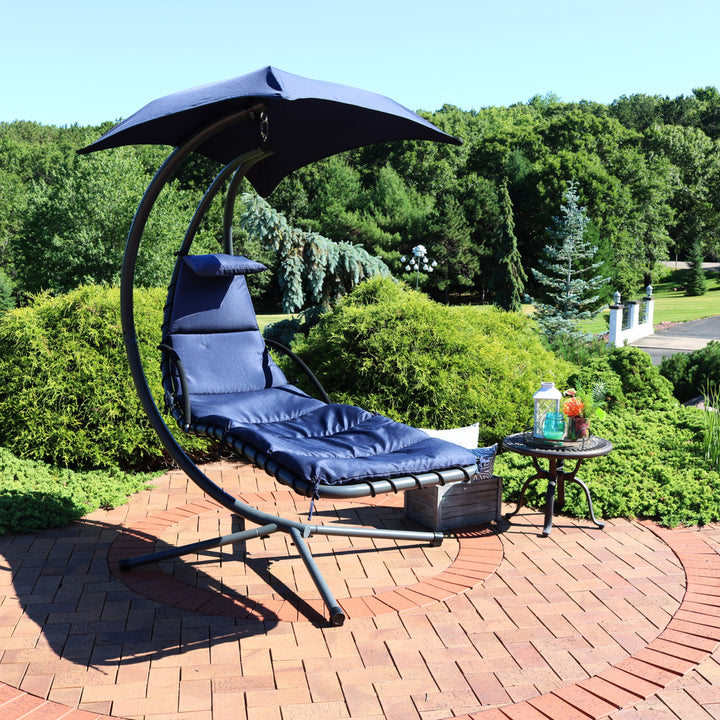 Sunnydaze Floating Lounge Chair with Umbrella and Curved Steel Stand - Navy Image 4