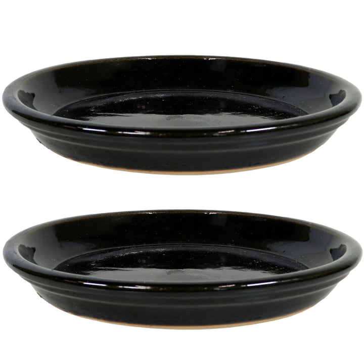 Sunnydaze Glazed Ceramic Planter Saucers - 9" - Obsidian - Set of 2 Image 1