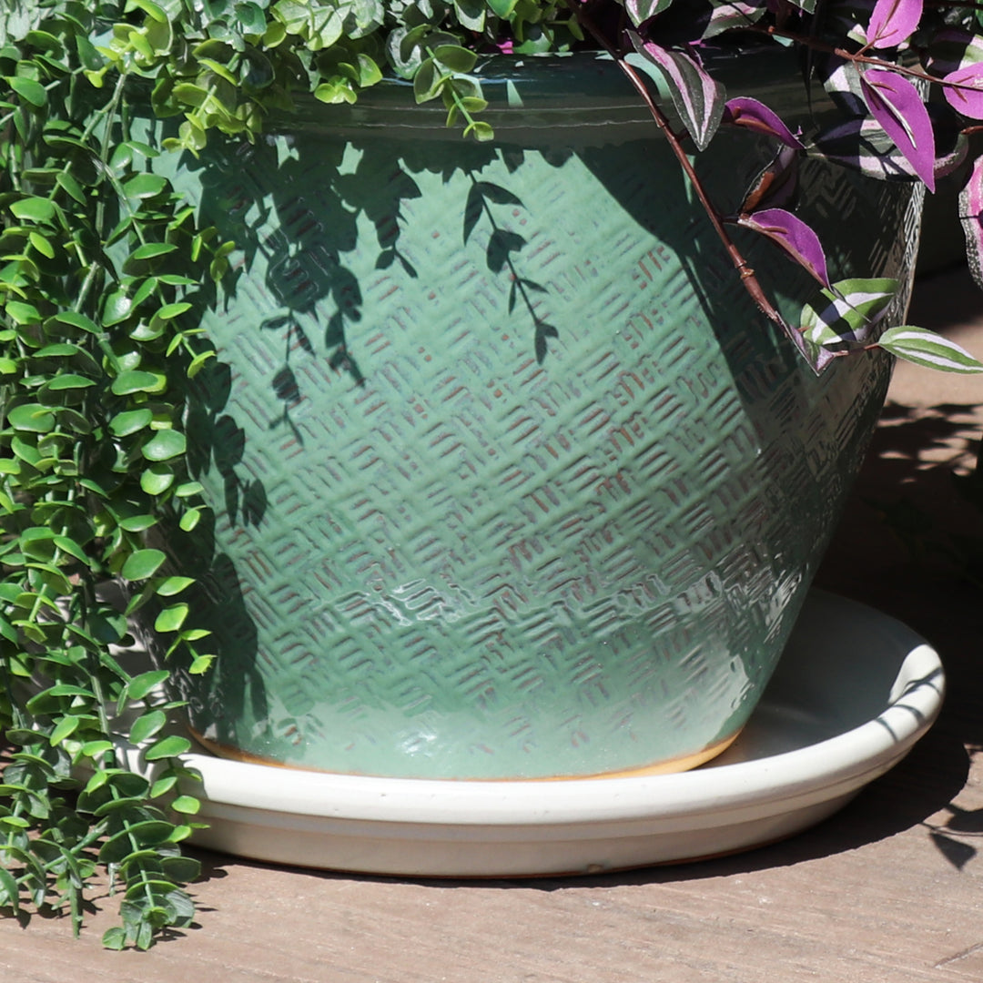 Sunnydaze 12 in Glazed Ceramic Flower Pot/Plant Saucer - Pearl - Set of 2 Image 6