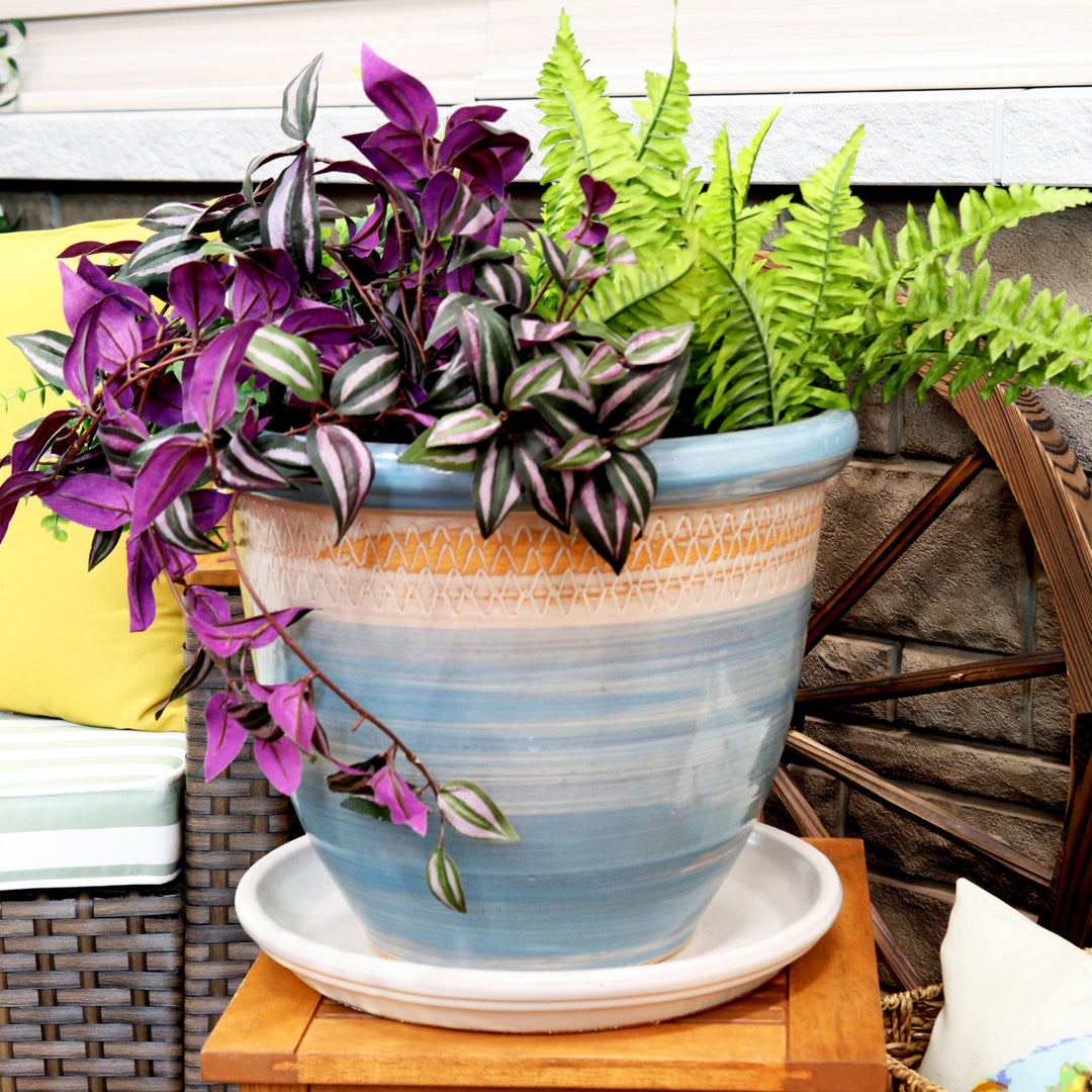 Sunnydaze 12 in Glazed Ceramic Flower Pot/Plant Saucer - Pearl - Set of 2 Image 7