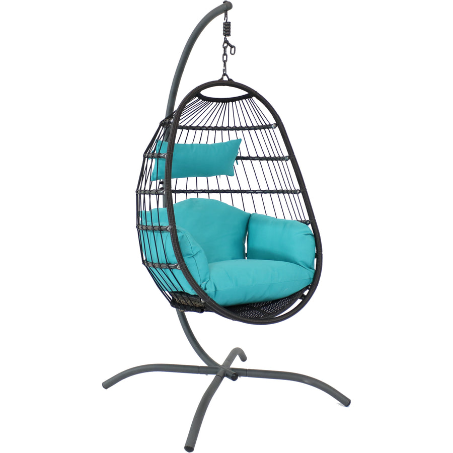 Resin Wicker Hanging Egg Chair with Steel Stand/Cushions - Blue by Sunnydaze Image 1