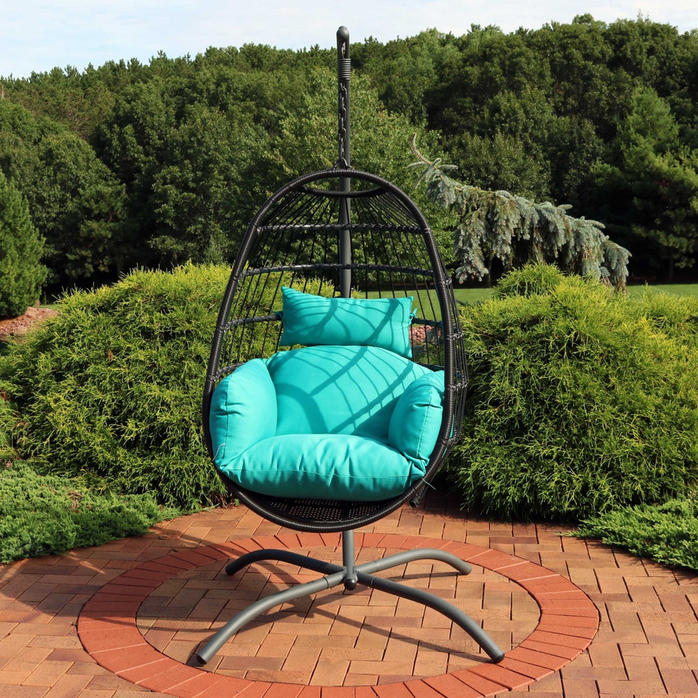 Resin Wicker Hanging Egg Chair with Steel Stand/Cushions - Blue by Sunnydaze Image 2