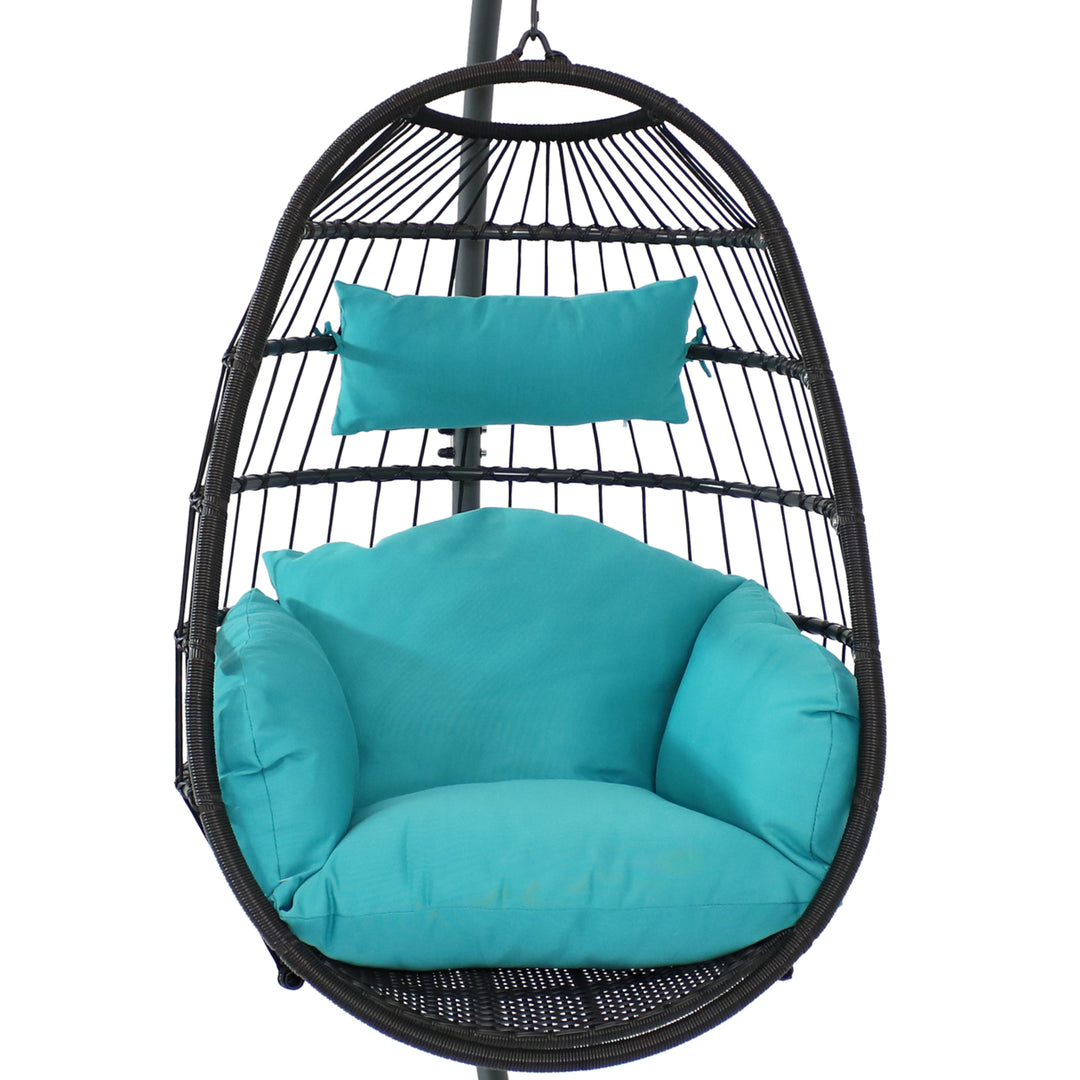Resin Wicker Hanging Egg Chair with Steel Stand/Cushions - Blue by Sunnydaze Image 8