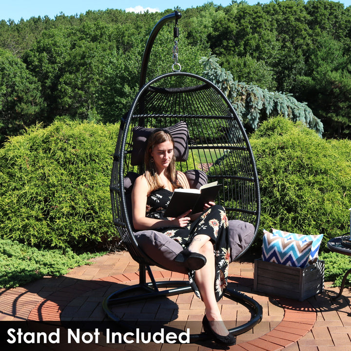 Sunnydaze Black Polyethylene Wicker Hanging Egg Chair with Cushions - Gray Image 8