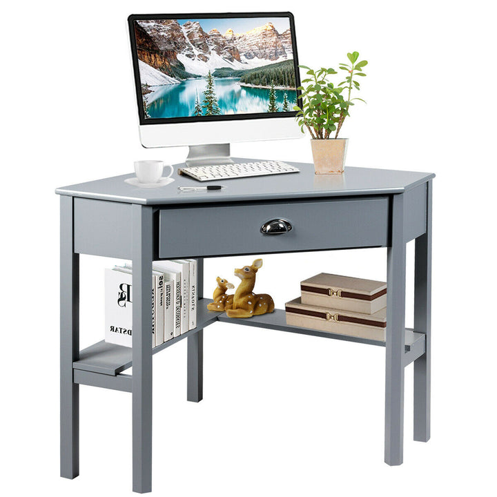 Corner Computer Desk Laptop Writing Table Workstation W/ Drawer and Shelves Brown/White/Gray Image 5