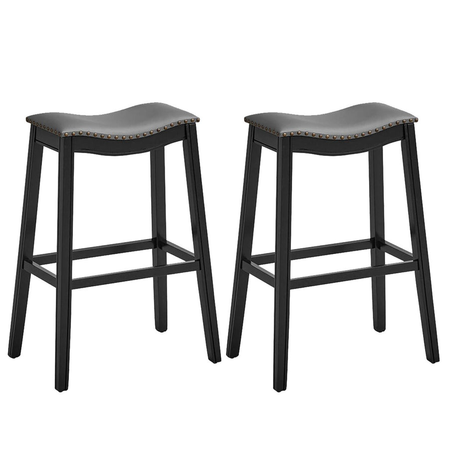 Set of 2 Saddle Bar Stools Bar Height Kitchen Chairs w/ Rubber Wood Legs Black Image 1