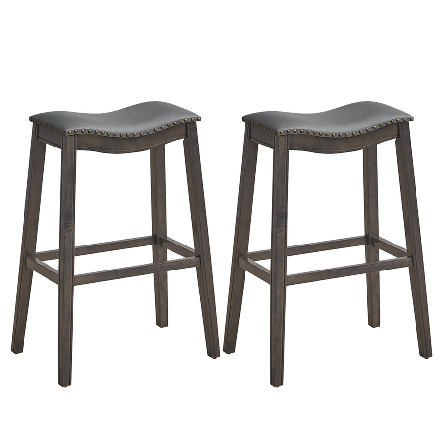 Set of 2 Saddle Bar Stools Bar Height Kitchen Chairs w/ Rubber Wood Legs Brown Image 1