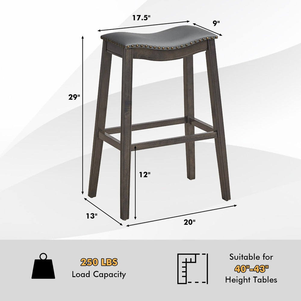 Set of 2 Saddle Bar Stools Bar Height Kitchen Chairs w/ Rubber Wood Legs Brown Image 2