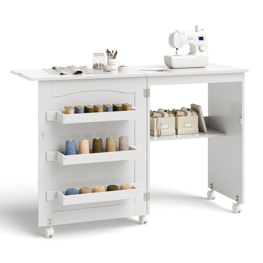 White Folding Sewing Craft Table with Storage Shelves Cabinet Lockable Wheels Image 1